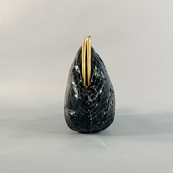 Vintage Black Gold Tone Snakeskin Leather Kiss Lock Evening Handbag - Picture 2 of 10